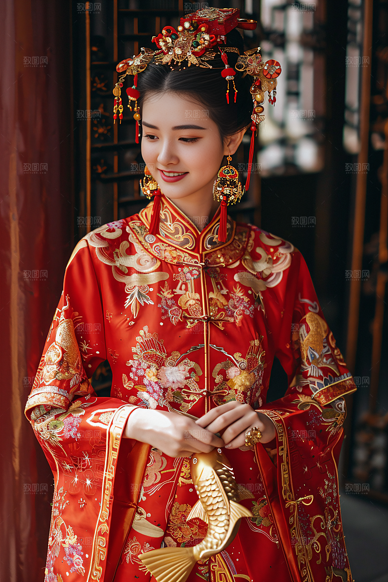 锦鲤和女孩春节祝福摄影图