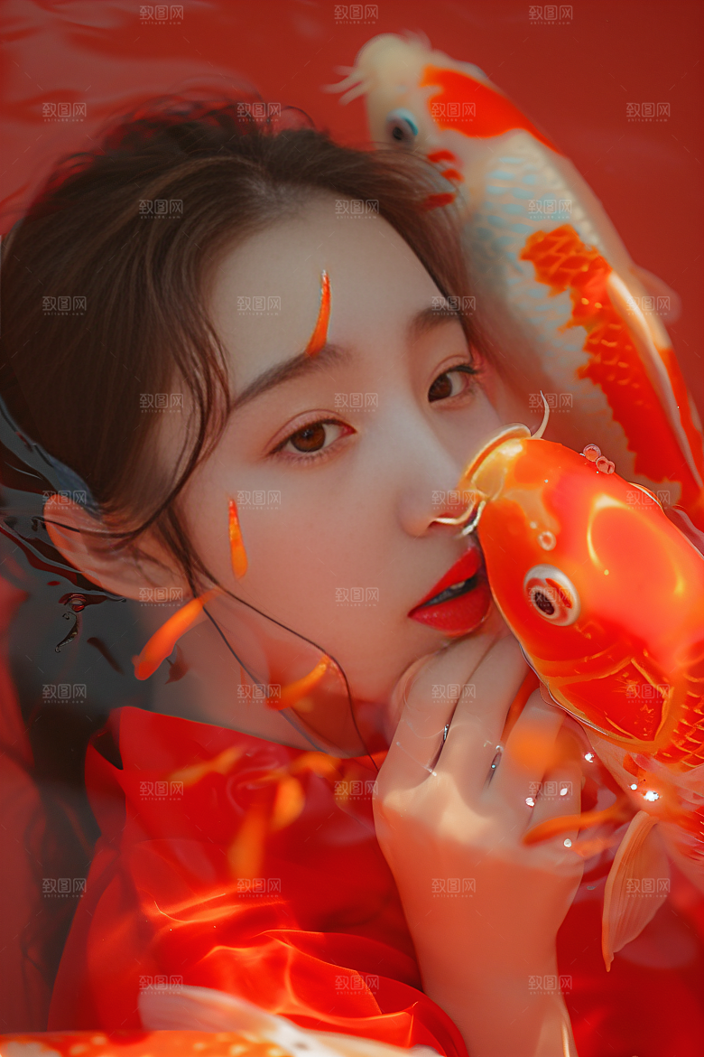 锦鲤和女孩春节波光粼粼摄影图