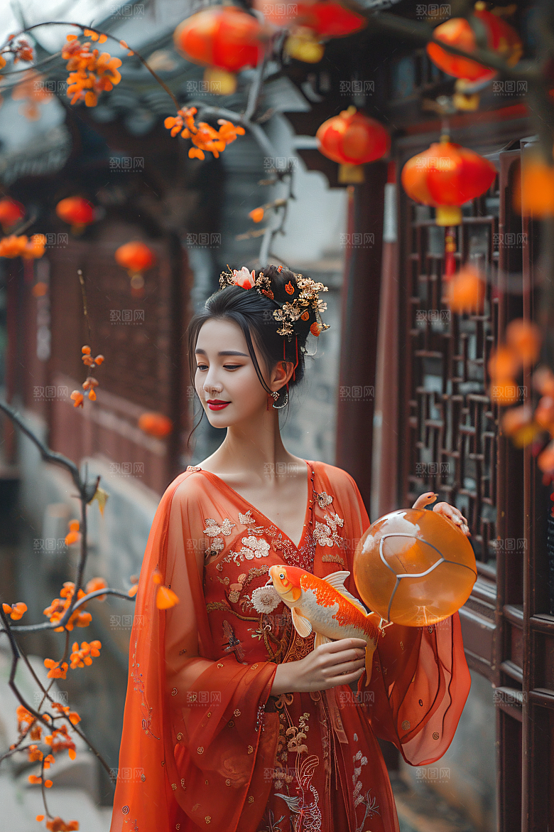 锦鲤和女孩春节新年摄影图