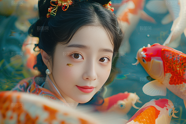 锦鲤和女孩中国风新年摄影图
