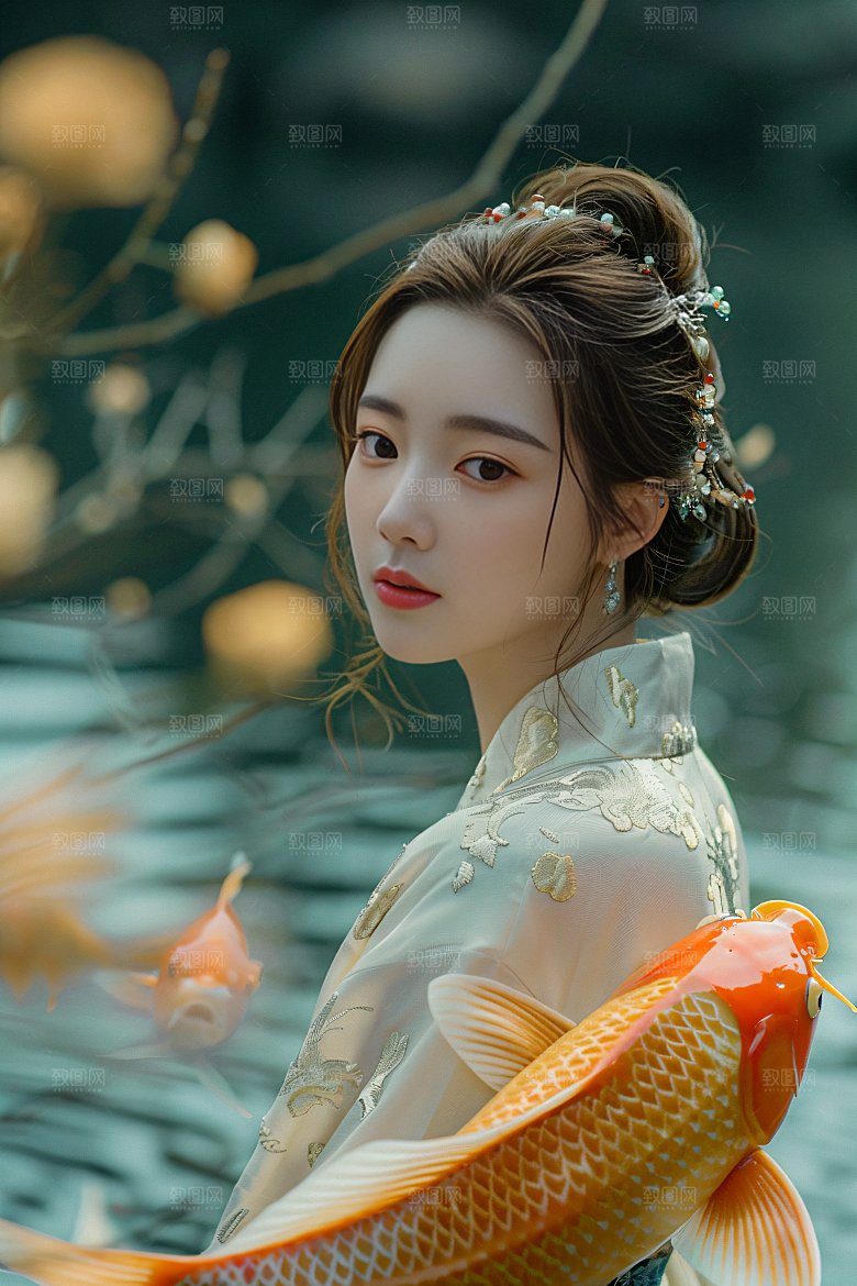 锦鲤和女孩柔美喜庆摄影图