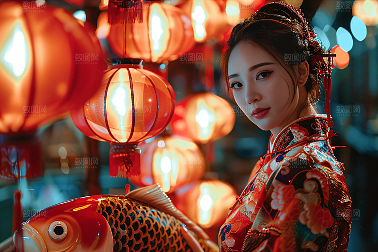 锦鲤和女孩好运唯美摄影图