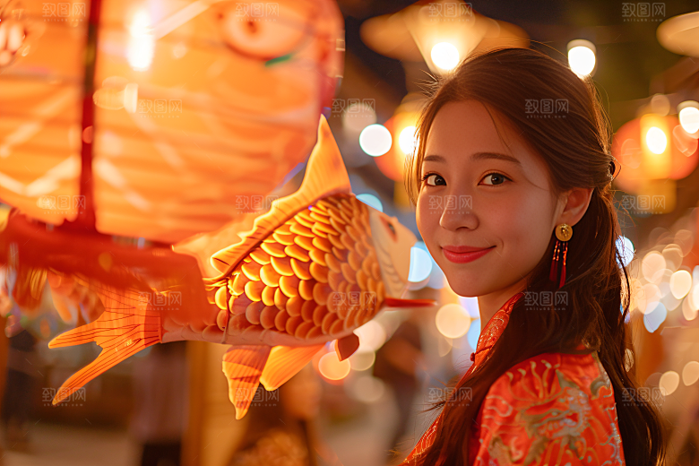 锦鲤和女孩柔美中式摄影图