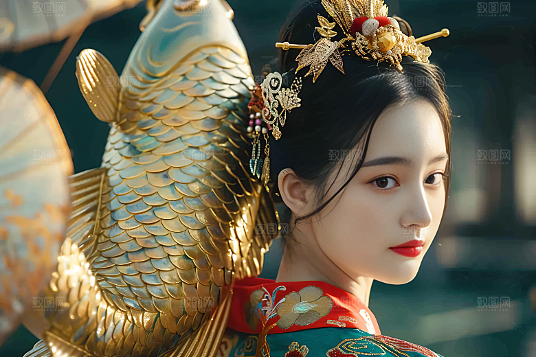 锦鲤和女孩祝福唯美摄影图