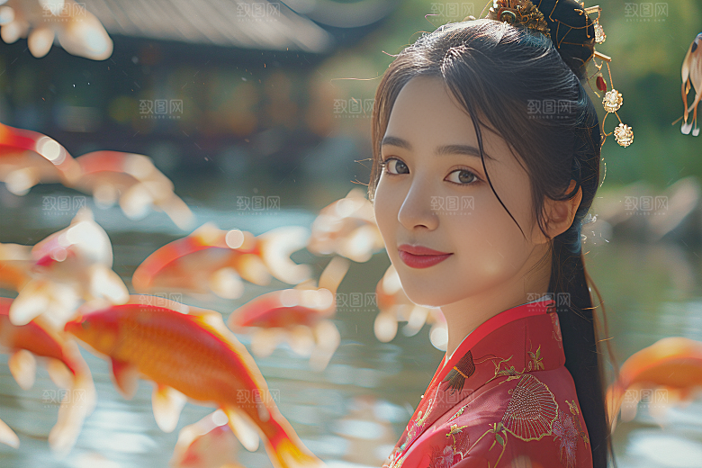 锦鲤和女孩祈福新年摄影图