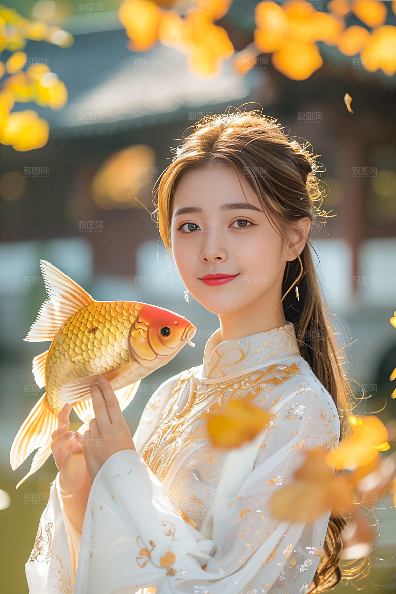 锦鲤和女孩好运祝福摄影图