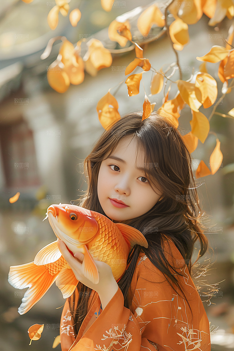 锦鲤和女孩人物祈福摄影图