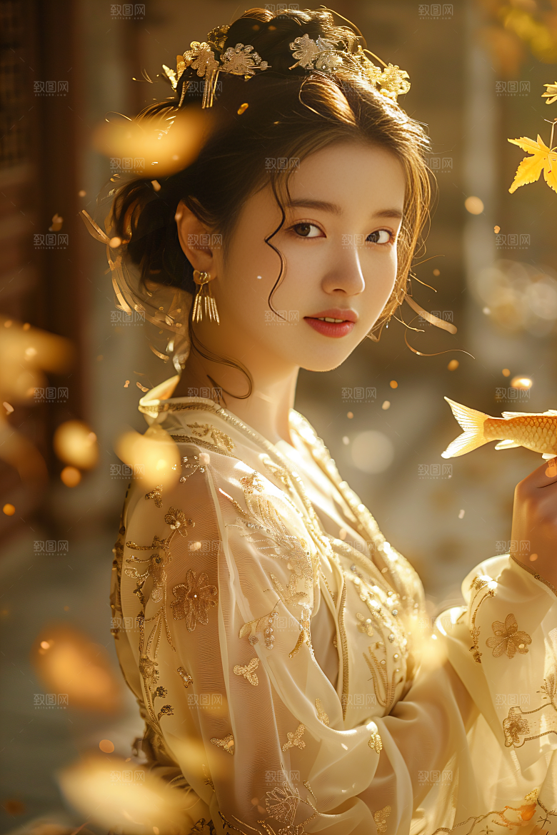 锦鲤和女孩春节祝福摄影图