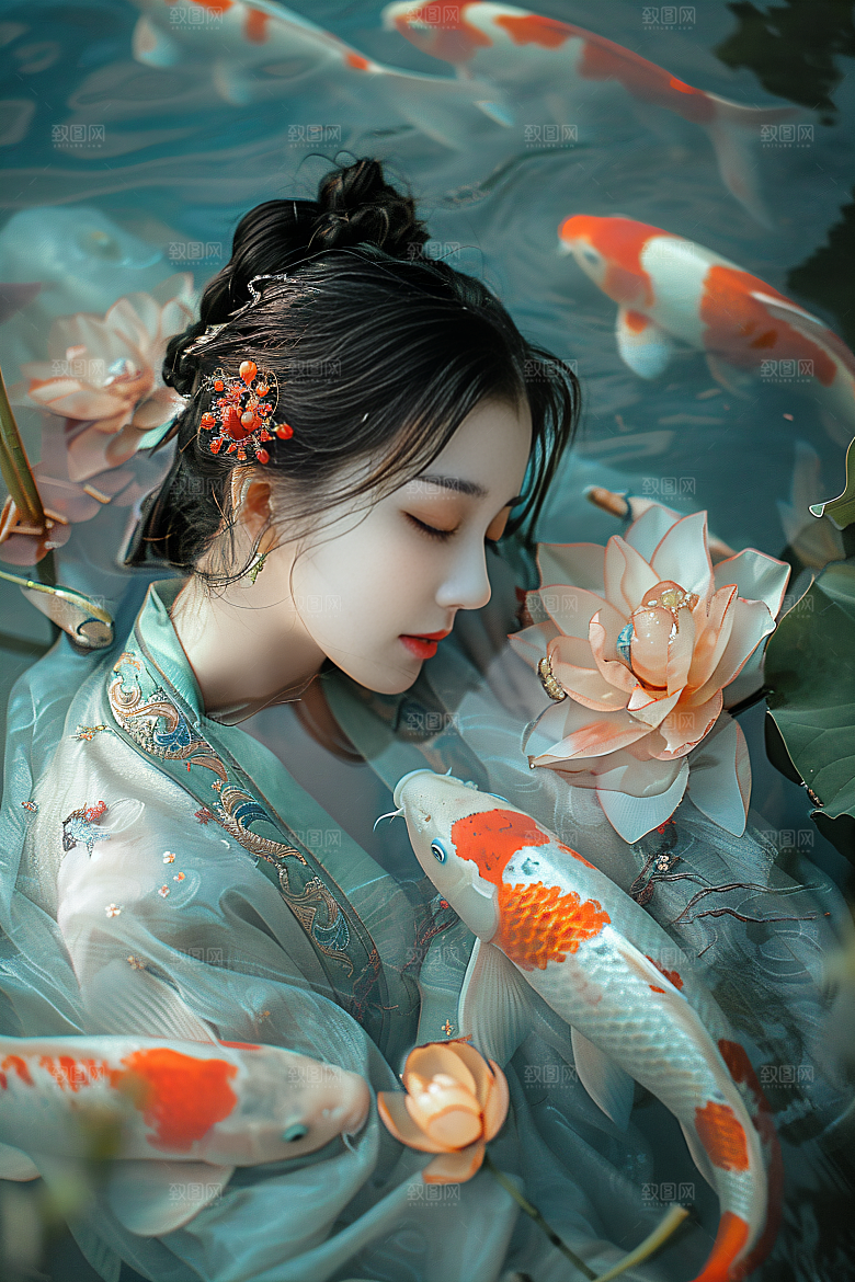锦鲤和女孩好运祝福摄影图