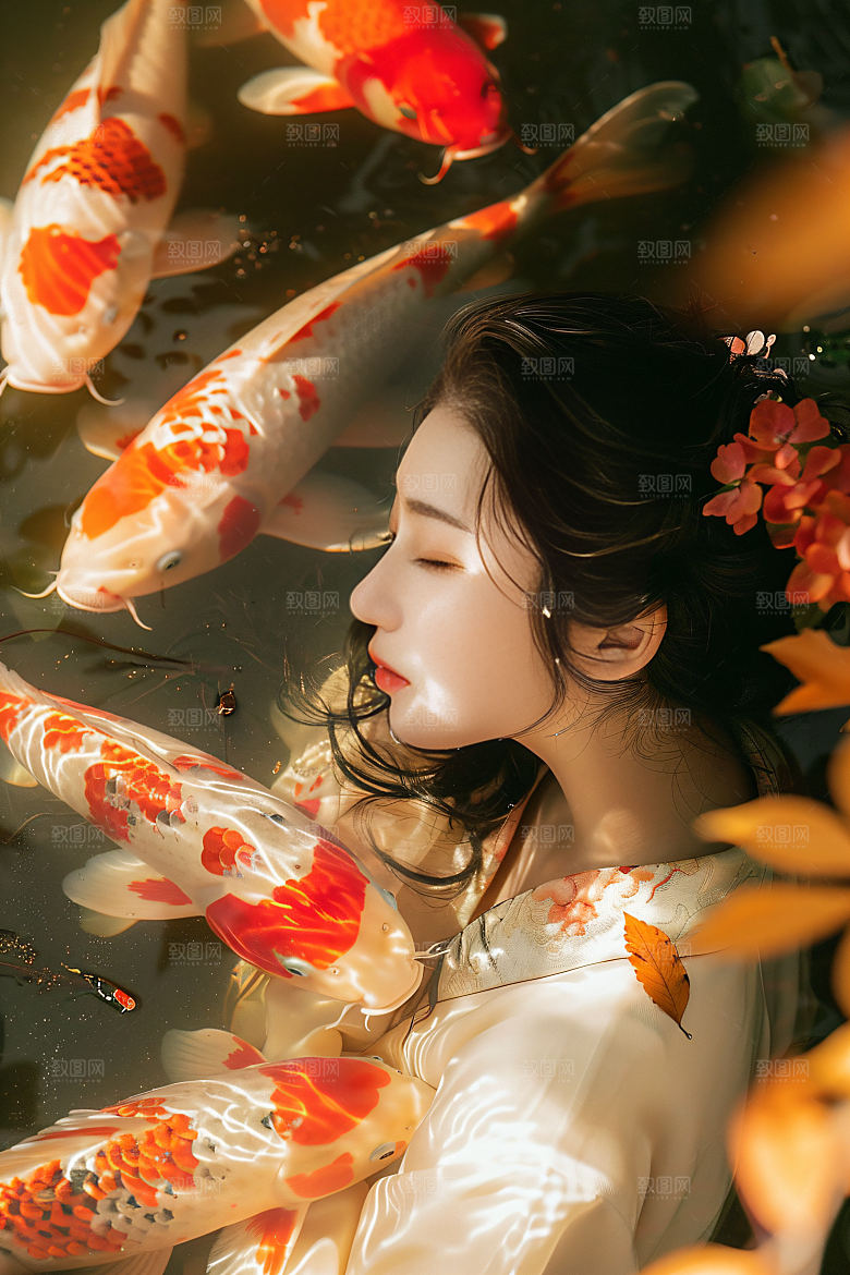 锦鲤和女孩春节好运摄影图
