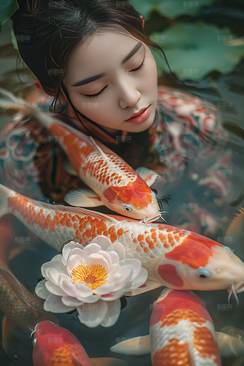 锦鲤和女孩人物唯美摄影图