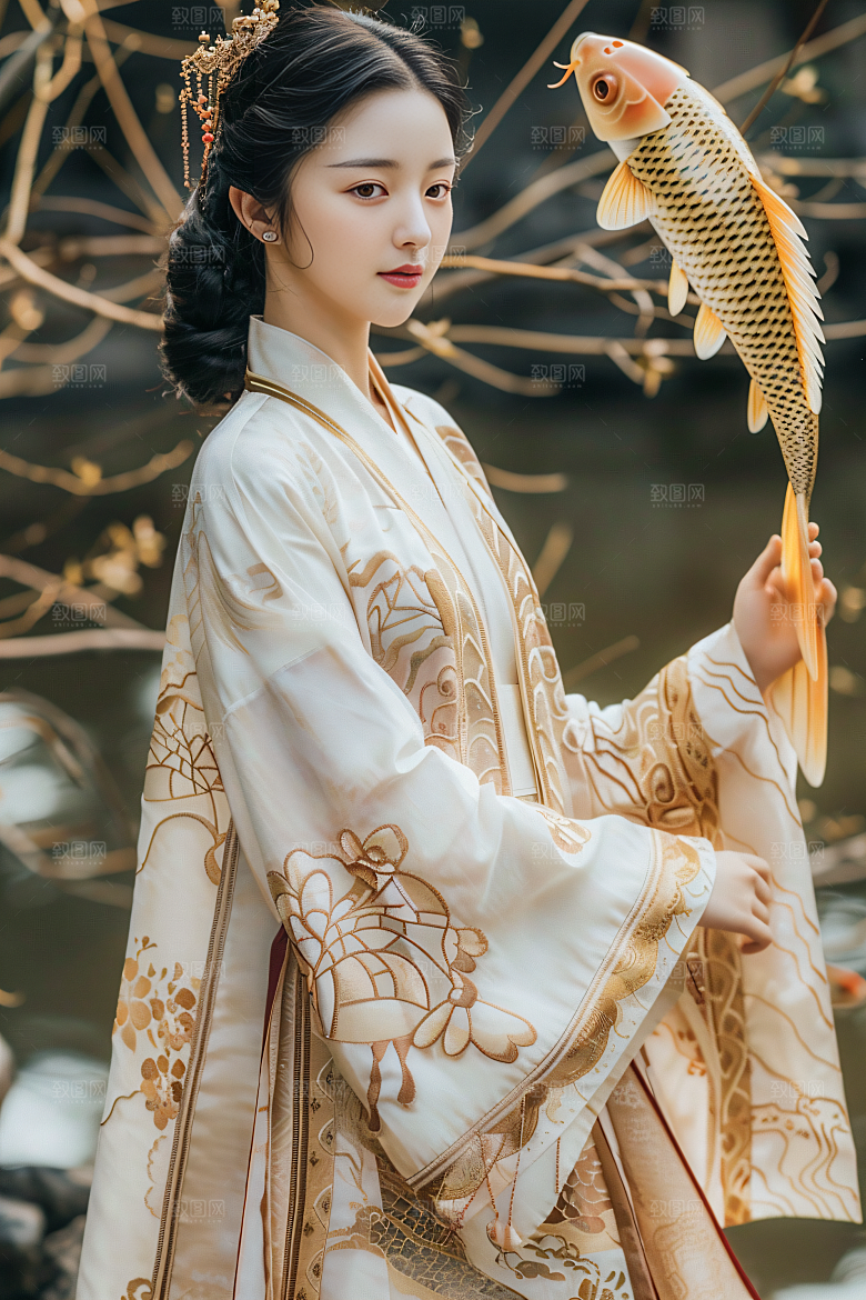 锦鲤和女孩中式春节摄影图