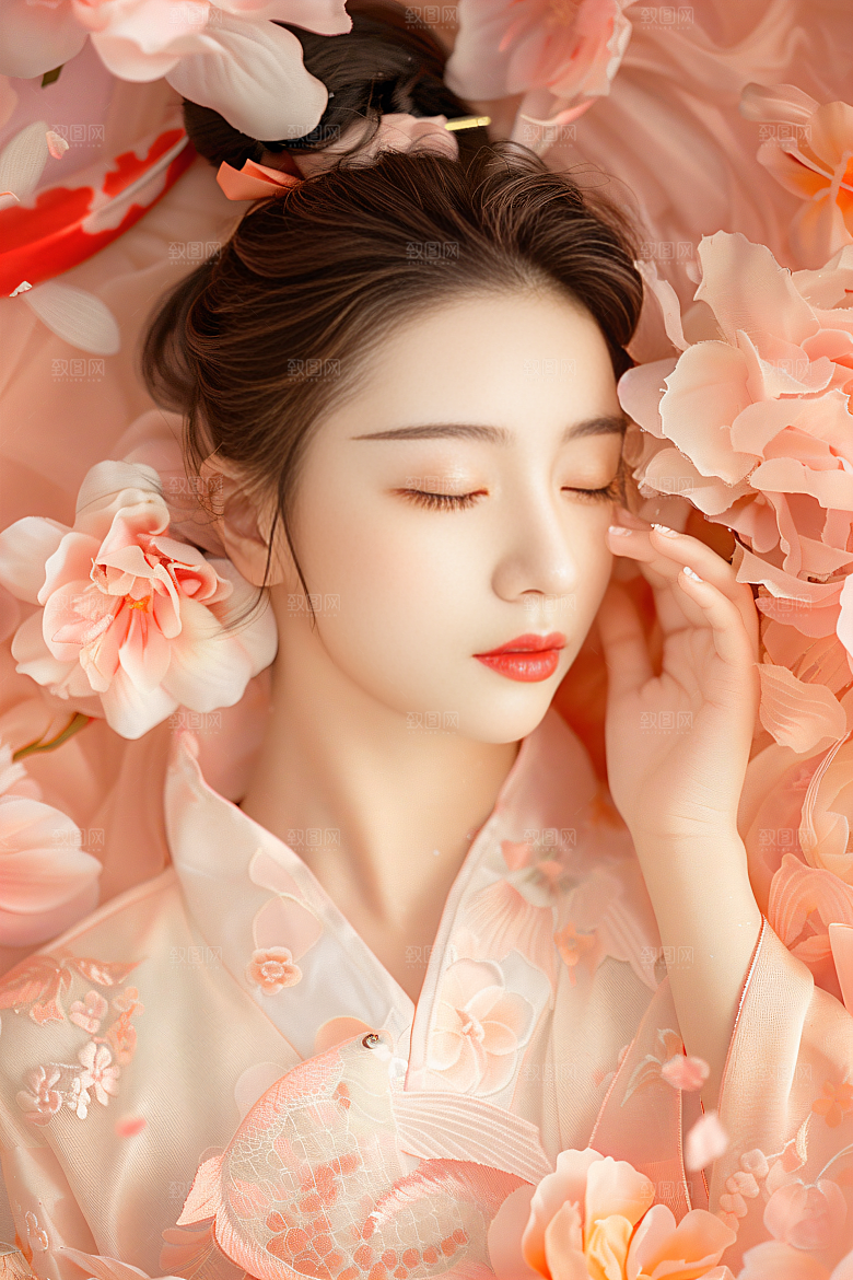 锦鲤和女孩春节祈福摄影图