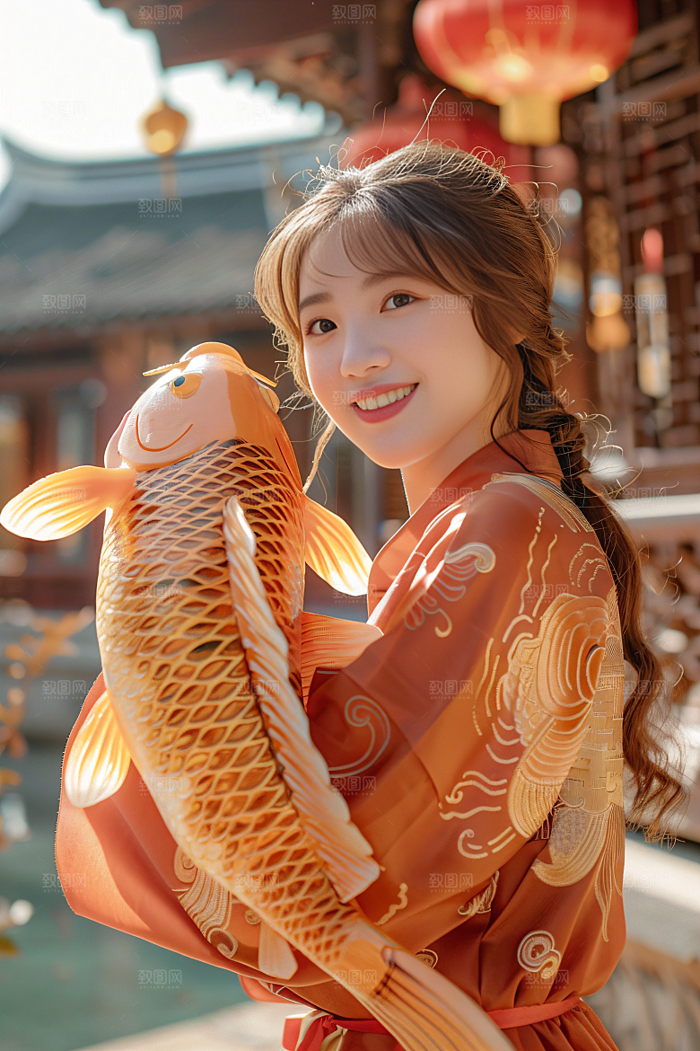 锦鲤和女孩中国风人物摄影图