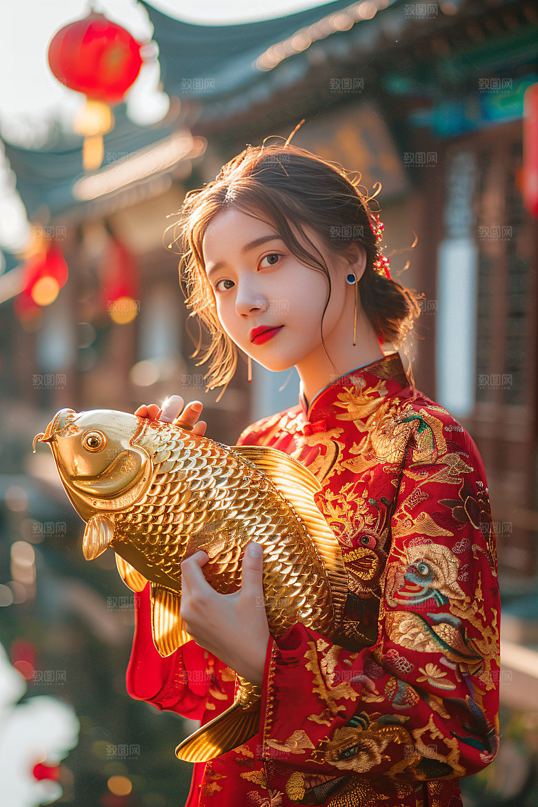 锦鲤和女孩中国风新年摄影图