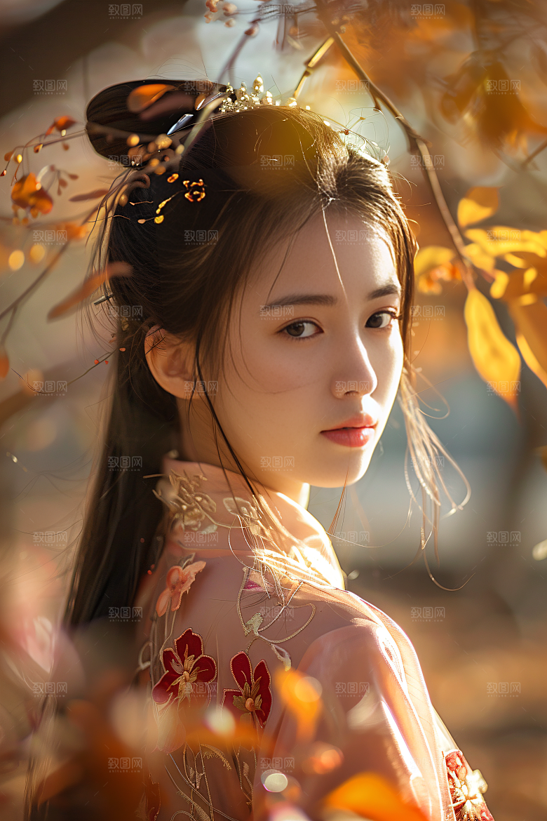 锦鲤和女孩新年祈福摄影图