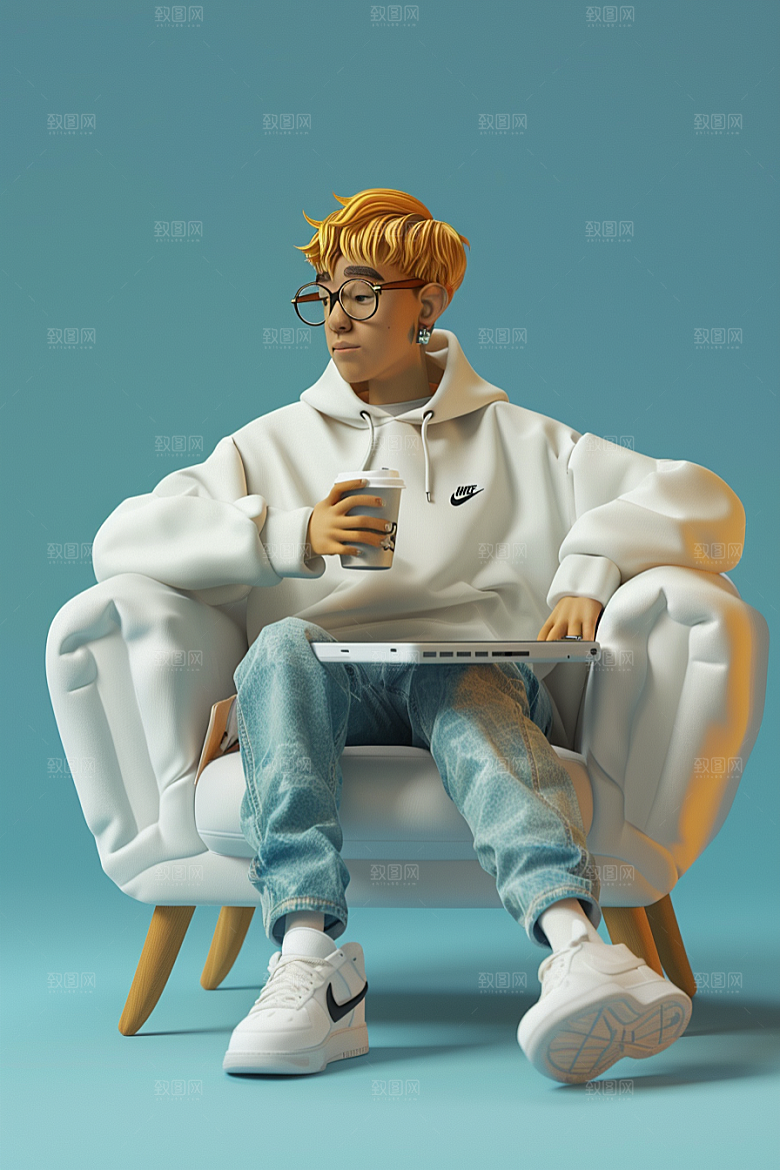 喝咖啡的人提神下午茶模型