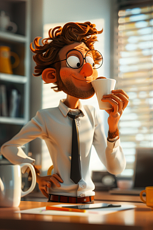喝咖啡的人3D上班族模型