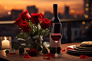 红酒玫瑰花晚宴浪漫摄影图