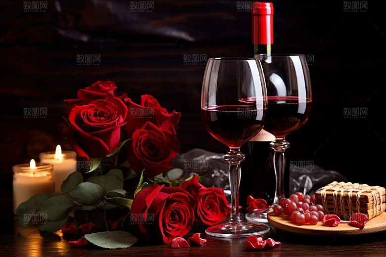 红酒玫瑰花高清情人节摄影图