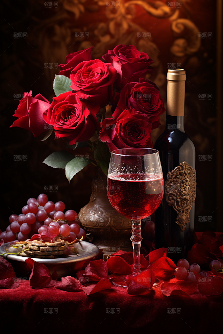 红酒玫瑰花浪漫情人节摄影图