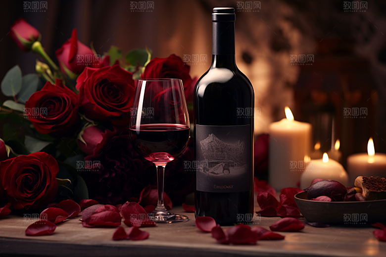 红酒玫瑰花烛光晚餐晚宴摄影图