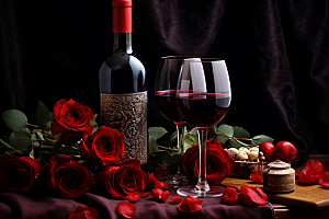 红酒玫瑰花情人节晚宴摄影图