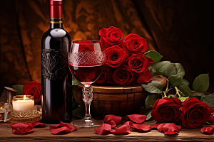 红酒玫瑰花情人节高清摄影图