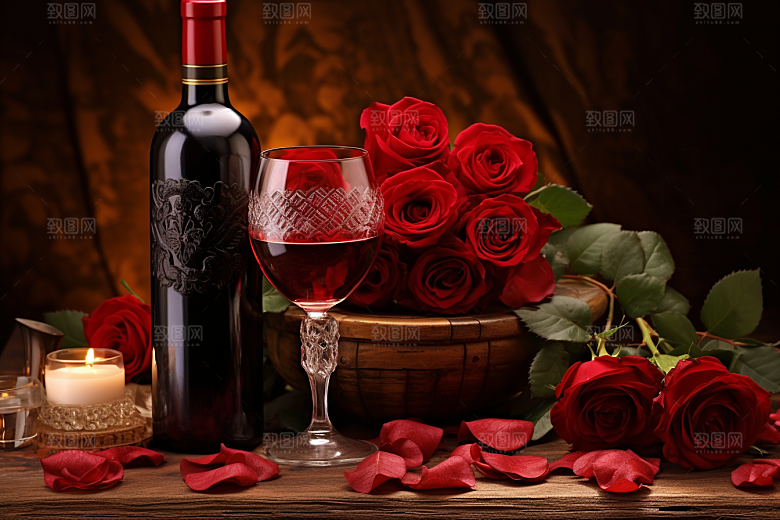 红酒玫瑰花情人节高清摄影图