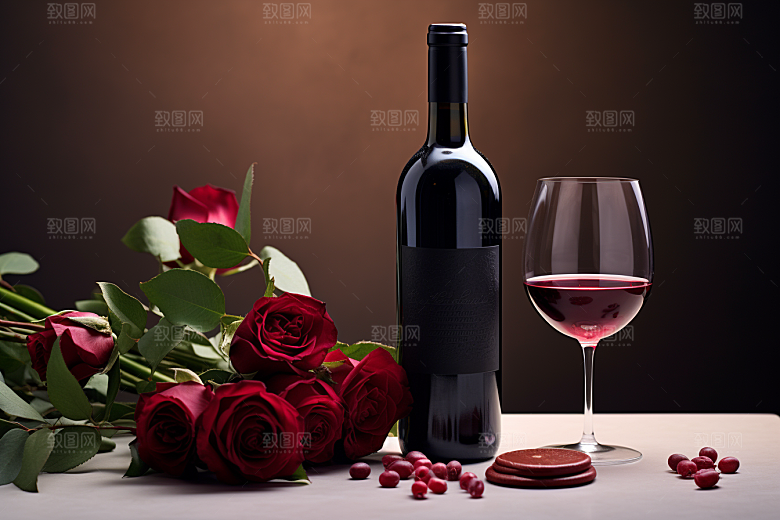 红酒玫瑰花烛光晚餐情人节摄影图