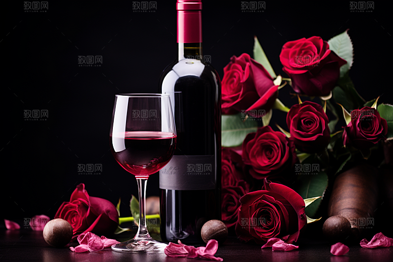 红酒玫瑰花浪漫烛光晚餐摄影图