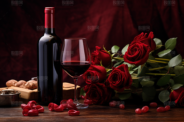 红酒玫瑰花浪漫情人节摄影图