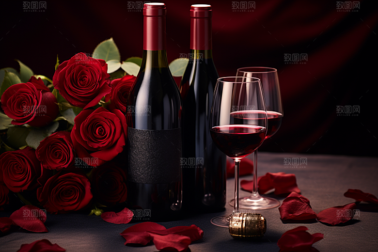 红酒玫瑰花烛光晚餐情人节摄影图