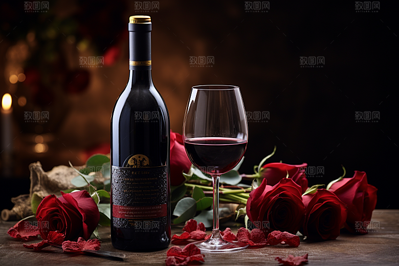 红酒玫瑰花晚宴情人节摄影图