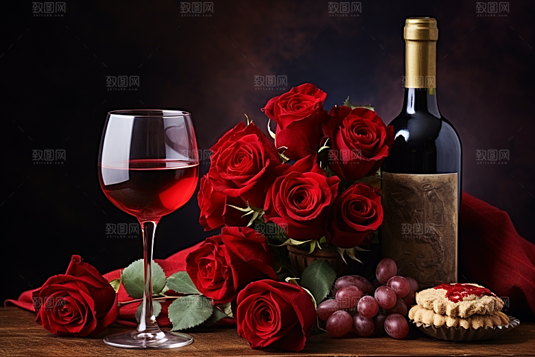 红酒玫瑰花高清浪漫摄影图
