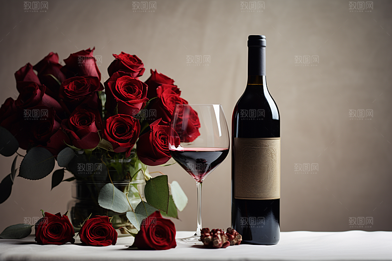 红酒玫瑰花浪漫烛光晚餐摄影图