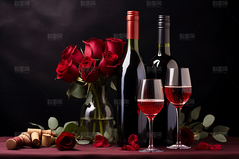 红酒玫瑰花浪漫高清摄影图