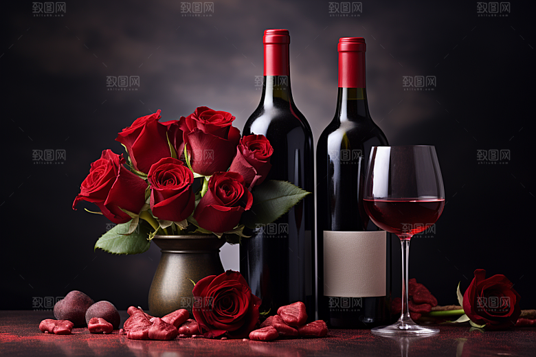 红酒玫瑰花晚宴烛光晚餐摄影图