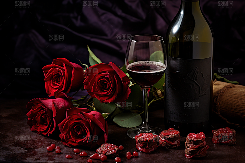 红酒玫瑰花浪漫情人节摄影图