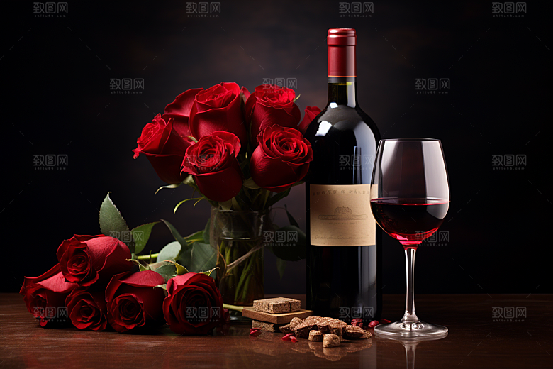 红酒玫瑰花烛光晚餐高清摄影图