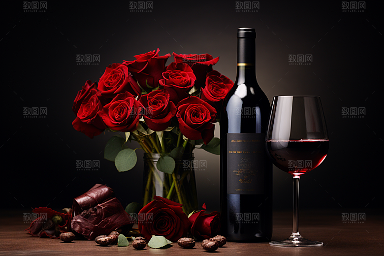 红酒玫瑰花浪漫情人节摄影图