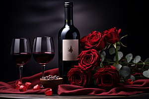 红酒玫瑰花烛光晚餐情人节摄影图