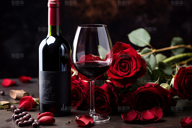 红酒玫瑰花烛光晚餐高清摄影图