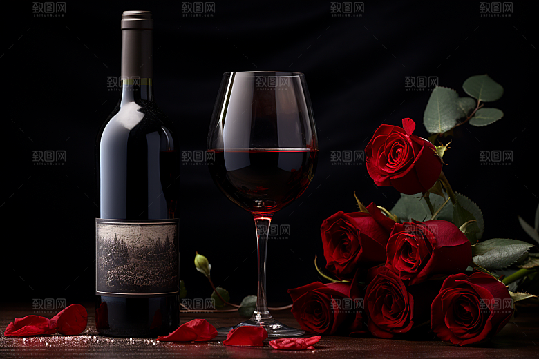 红酒玫瑰花浪漫情人节摄影图