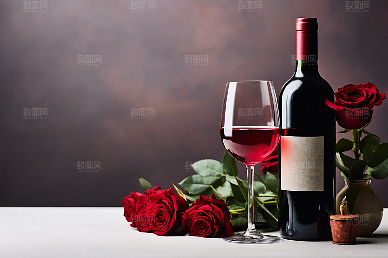 红酒玫瑰花晚宴烛光晚餐摄影图