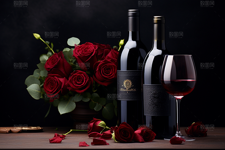 红酒玫瑰花浪漫高清摄影图