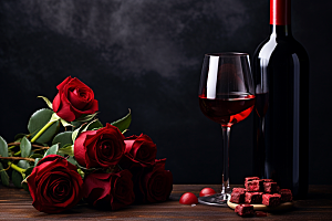 红酒玫瑰花晚宴情人节摄影图