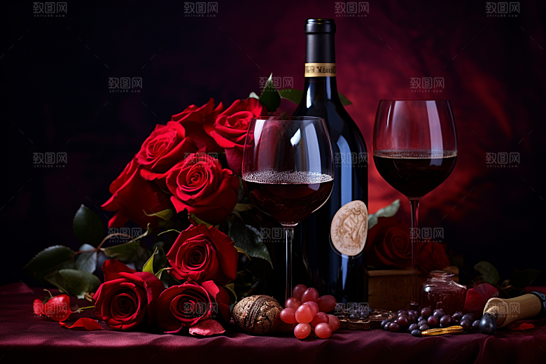 红酒玫瑰花情人节高清摄影图