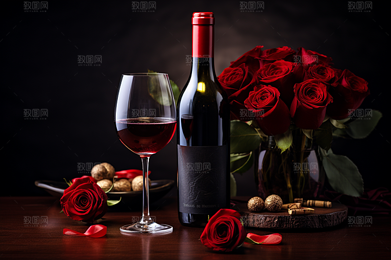 红酒玫瑰花浪漫高清摄影图