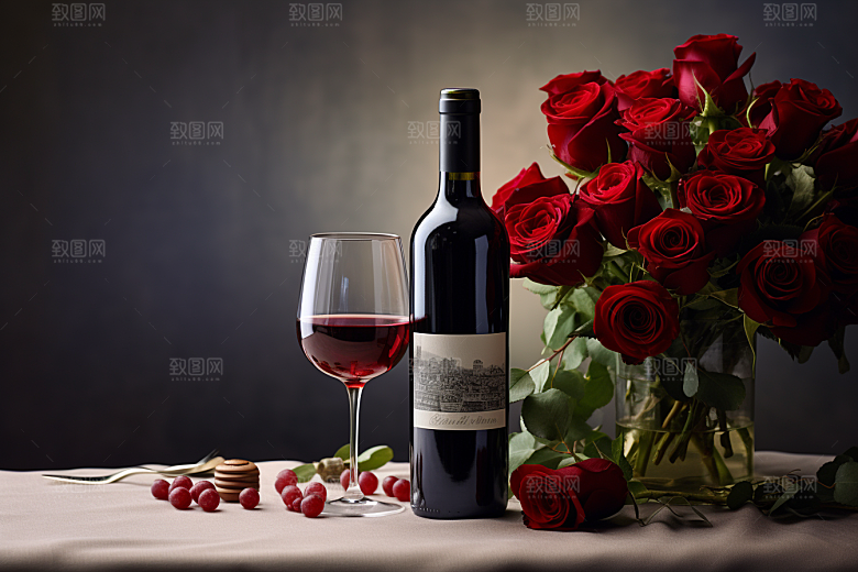 红酒玫瑰花情人节烛光晚餐摄影图